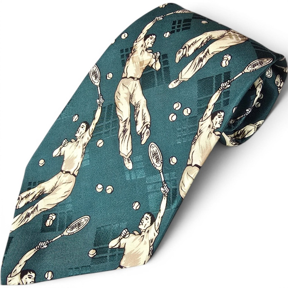 VTG Polo by Ralph Lauren Neiman Marcus Green Silk Tie Tennis Player Sporty